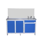 Concession cart with built in plumbing-free, hot water sinks and sneeze guard in blue