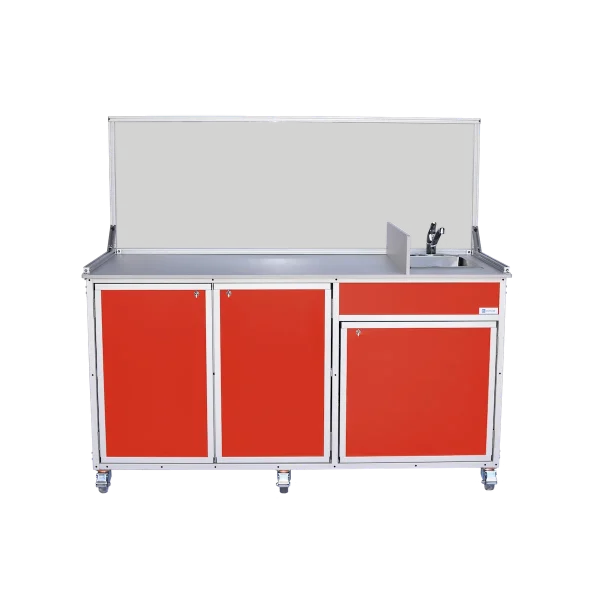 Monsam-FSC-001_Red Concession cart with built in plumbing-free, hot water sinks and sneeze guard in red