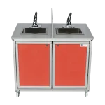 Two compartment child height portable sink for handwashing and classrooms in red