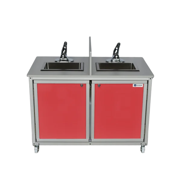 Monsam-PSE-2006D-Red-front Monsam double compartment child height mobile handwashing sink