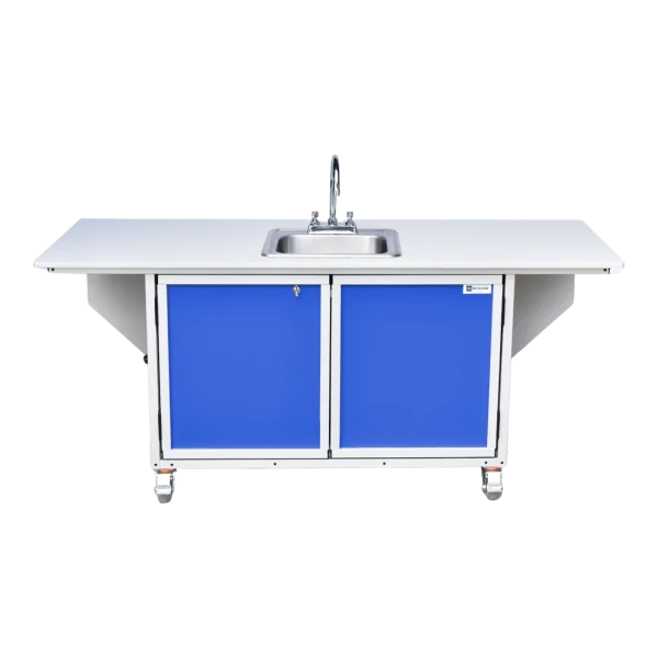 Monsam-PSE-2040i-Blue-front Children's activity table with self-contained hot water sink and fold out table in blue