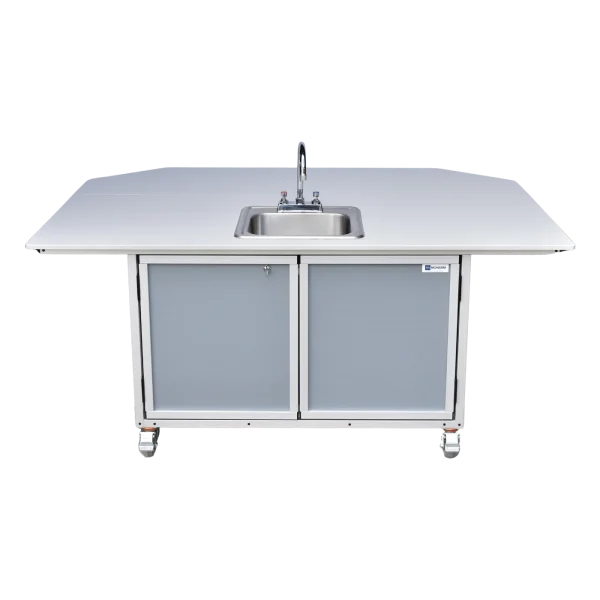 Monsam-PSE-2040i-Gray-front-fold-out Children's activity table with self-contained hot water sink, fold out table
