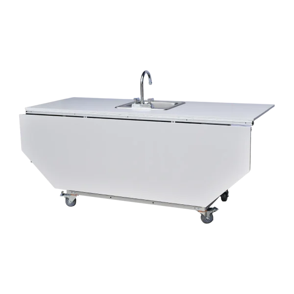 Monsam-PSE-2040i-Gray-side Children's activity table with self-contained hot water sink and fold out table down