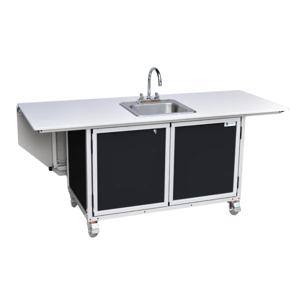 Monsam-PSE-2040i-Gray-side_2 Side view of children's activity table with self-contained hot water sink and fold out table in black