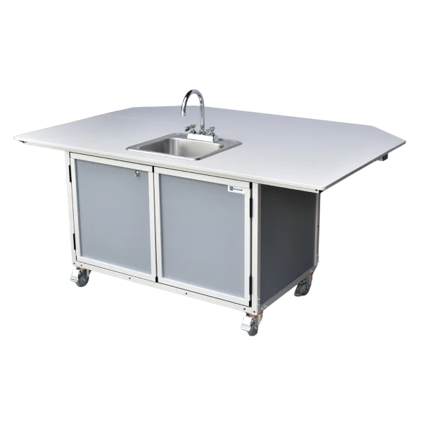 Monsam-PSE-2040i-Gray-side_fold_out-2 Side view of children's activity table with self-contained hot water sink and fold out table in gray