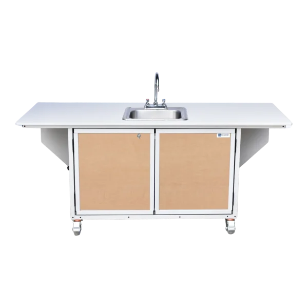 Monsam-PSE-2040i-Maple-front Children's activity table with self-contained hot water sink and fold out table in maple