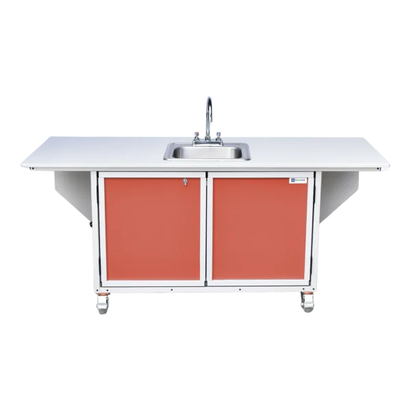 Monsam-PSE-2040i-Red-front Children's activity table with self-contained hot water sink and fold out table in red