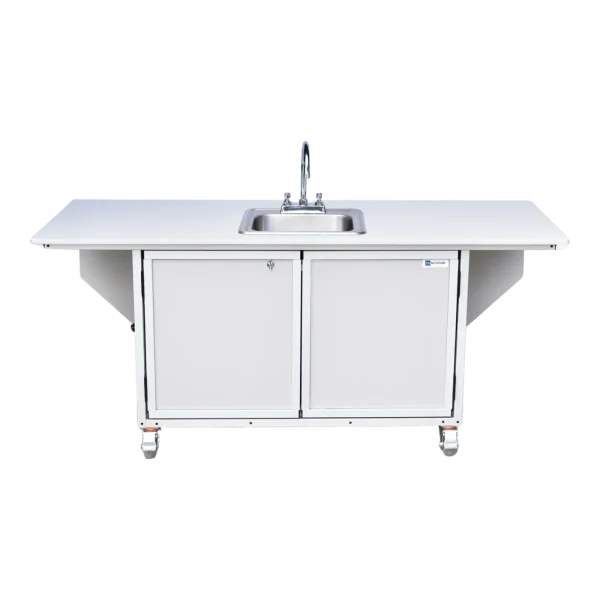 Monsam-PSE-2040i-White-front Children's activity table with self-contained hot water sink and fold out table in white