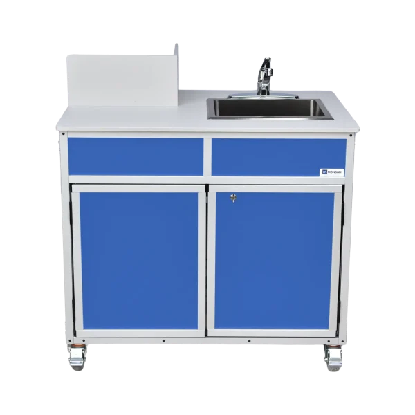 PRO-001-Blue-front Portable handwashing sink with propane powered water heater in blue