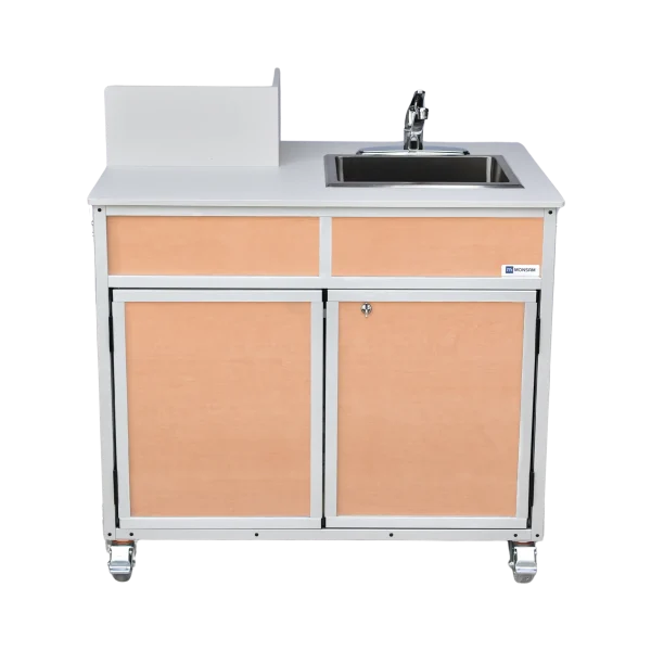PRO-001-Maple-front Portable handwashing sink with propane powered water heater in maple