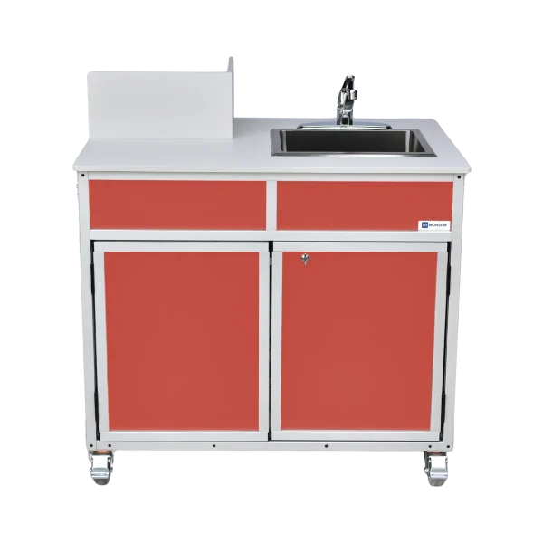 PRO-001-Red-front Portable handwashing sink with propane powered water heater in red