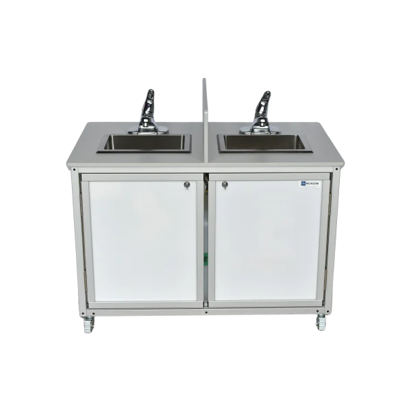 PSE-2006D-white-front Monsam double compartment child height mobile handwashing sink