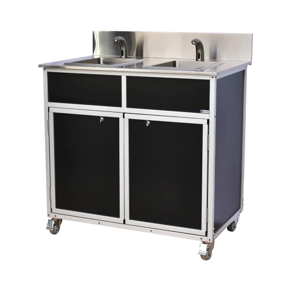 Monsam-NS-002_Black-Stainless-Steel NSF certified double basin hot water portable sink in black with stainless steel top