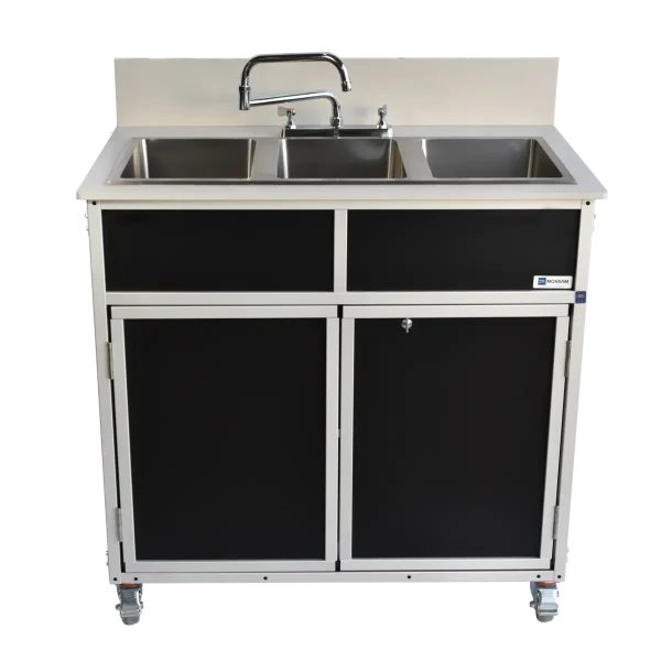 three compartment portable sink in black
