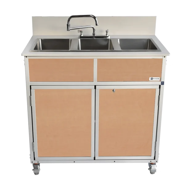 Monsam-NS-003_Maple Three deep compartment portable hot water sink in maple