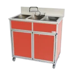 Three deep compartment portable hot water sink in red
