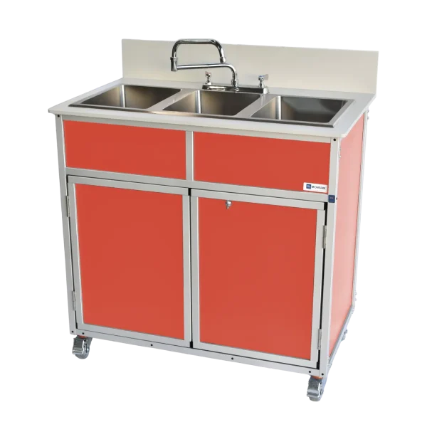 Monsam-NS-003_Red-side Three deep compartment portable hot water sink in red