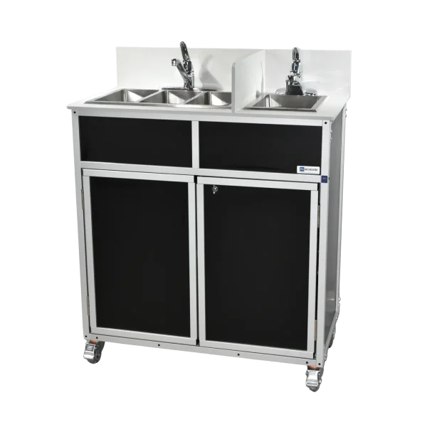 Monsam-NS-004S_Black-side Compact NSF certified four compartment portable hot water sink in black