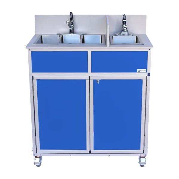 Monsam-NS-004S_Blue Compact NSF certified four compartment portable hot water sink in blue