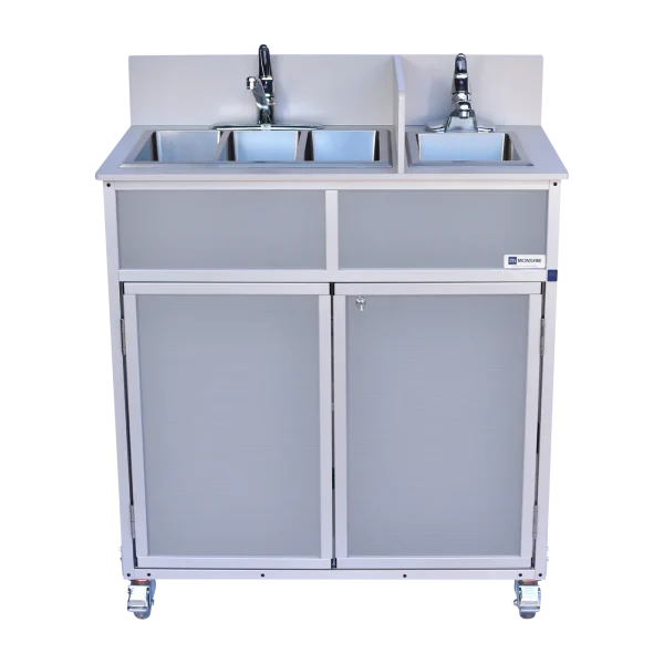 Monsam-NS-004S_Gray Compact NSF certified four compartment portable hot water sink in gray