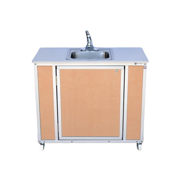 Monsam-NS-007-Maple-front NSF certified child-height portable, single basin sink in maple