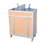 Two compartment portable sink with hot water in maple. Side view.