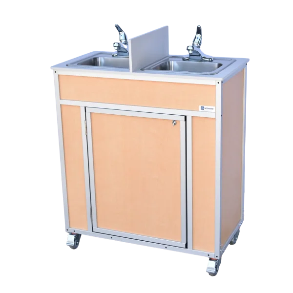 Monsam-NS-009D-Maple-side Two compartment portable sink with hot water in maple. Side view.