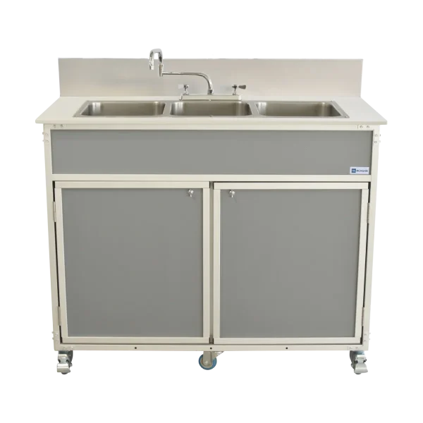 Monsam-PSE-2003R-Gray Three compartment portable sink with hot water in gray