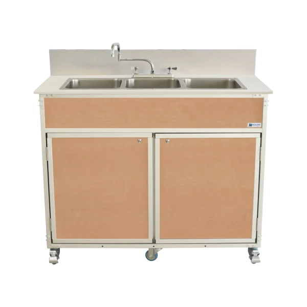 Three compartment portable sink with hot water in maple