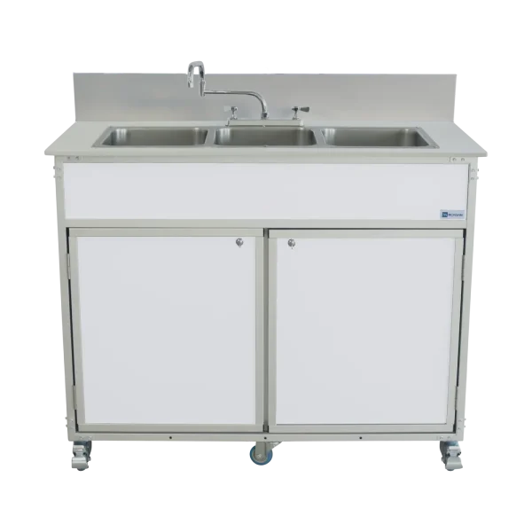Monsam-PSE-2003R-White Three compartment portable sink with hot water in white