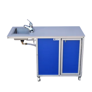 Wheelchair accessible portable sink with hot water in blue