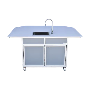 Portable science lab demonstration table with hot water sink in gray