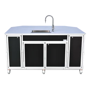 Science lab demonstration table with built-in hot water sink in black