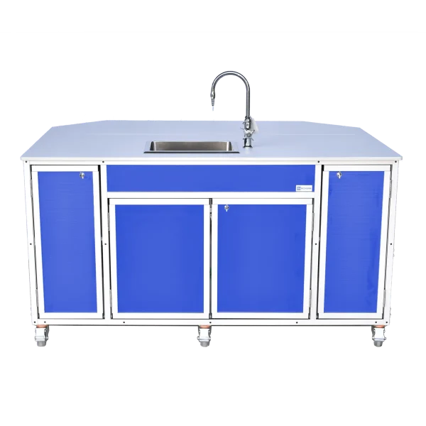 Monsam-PSE-2042_Blue Science lab demonstration table with built-in hot water sink in blue