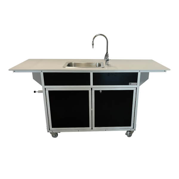 PSE-2040_Black_Graytop-1200x1200 Portable science lab demonstration table with hot water sink in black