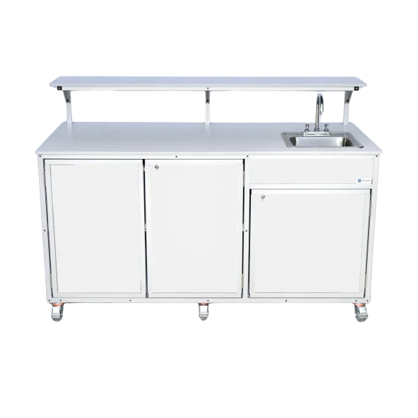 Monsam-FSC-002_White-front food service concession cart with self-contained hot water sink and serving shelf in white