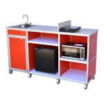 portable kitchen with countertop, hot water sink, microwave, electric burner, and fridge in red