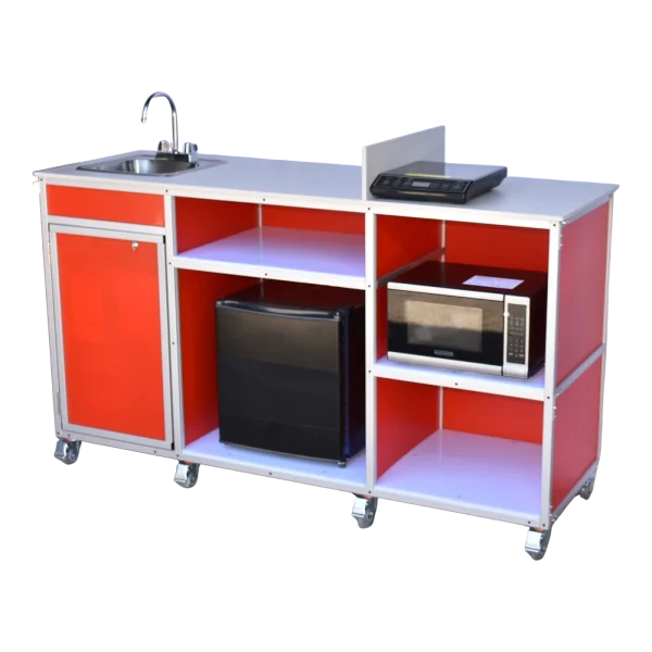 Monsam-PK-001-Red-side portable kitchen with countertop, hot water sink, microwave, electric burner, and fridge in red