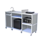 Portable kitchen with fridge, hot water sink, microwave, and burner in gray