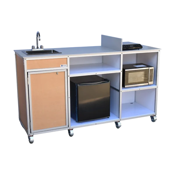 Monsam-PK-001_Maple portable kitchen with countertop, hot water sink, microwave, electric burner, and fridge in maple