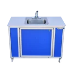 child-height single basin, self-contained portable sink with hot water in blue