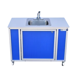 child-height single basin, self-contained portable sink with hot water in blue