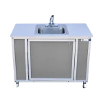 child-height single basin, self-contained portable sink with hot water in gray