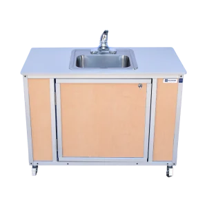 child-height single basin, self-contained portable sink with hot water in maple