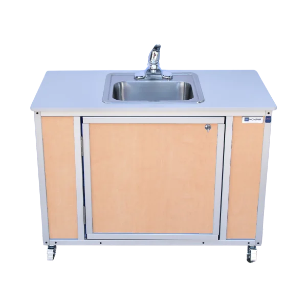Monsam-NS-006-Maple child-height single basin, self-contained portable sink with hot water in maple
