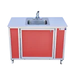 child-height single basin, self-contained portable sink with hot water in red