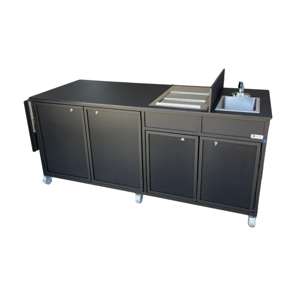 Monsam-NS-FSC-003-AllBlack-side Coffee cart with hot water sink, ice bin, and folding countertop in all black