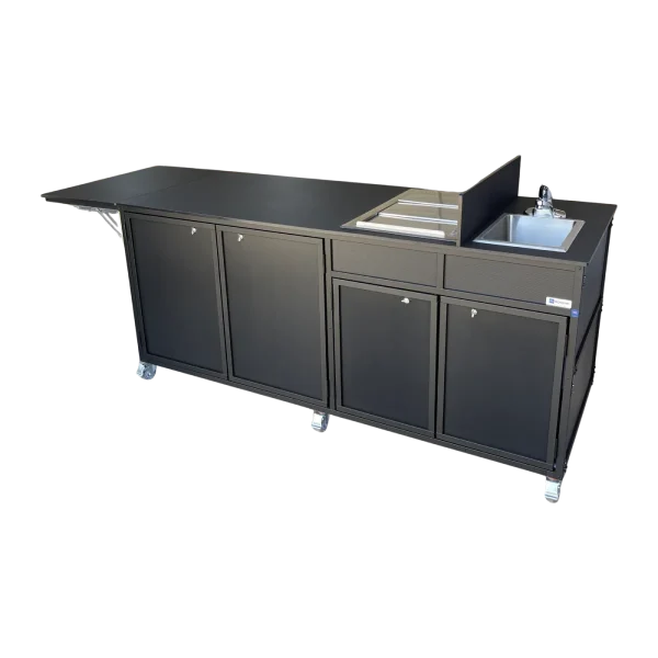 Monsam-NS-FSC-003-AllBlack-side_extension Portable coffee cart with hot water sink, ice bin, and folding countertop in all black