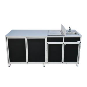 Food service vending cart or coffee cart with self-contained hot water sink in black