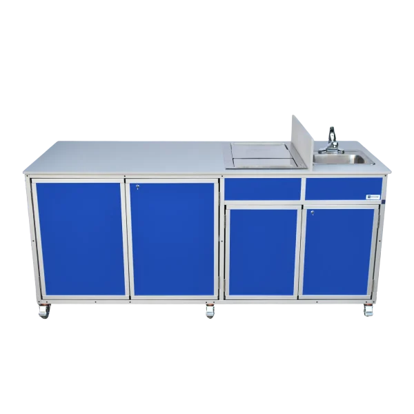 Monsam-NS-FSC-003-Blue-front Food service vending cart and coffee cart with self-contained hot water sink in blue